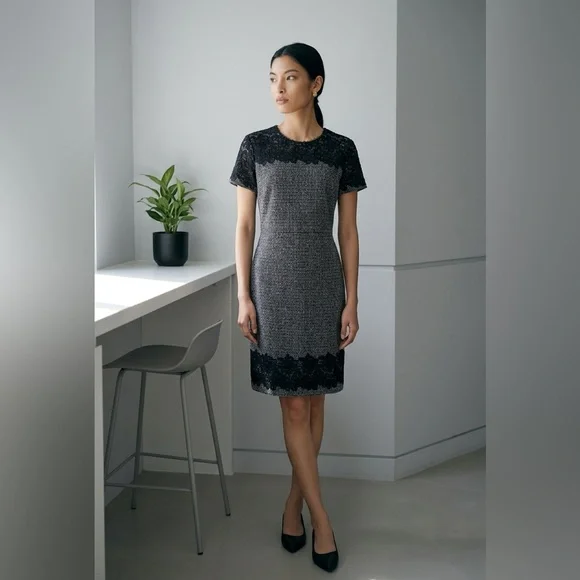 Karl Lagerfeld Black and Gray Tweed Lace-Trim Midi Dress size 2 - Picture 2 of 13